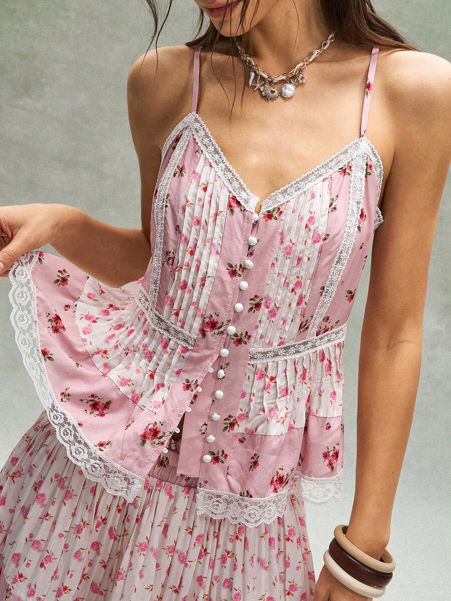 Bohemela Women's Vacation Printed Spaghetti Strap Tank Top, Spring/Summer - Coral Pink - View 1