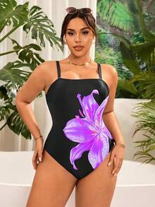 Swim Vcay Plus Size Women's Black Classy Lily Flower Print Detachable Strap One-Piece Swimsuit,Strapless Bikini Bathing Suit For Summer Beach Holiday Occasion - Multicolor - View 5