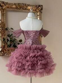 Lovelzi 优雅奢华3D珍珠刺绣网纱拼接无肩带不对称层叠荷叶边可调节系带连衣裙，适合约会、度假、单身派对、婚礼、返校、舞会等场合。 - 藕粉色 - 查看 3