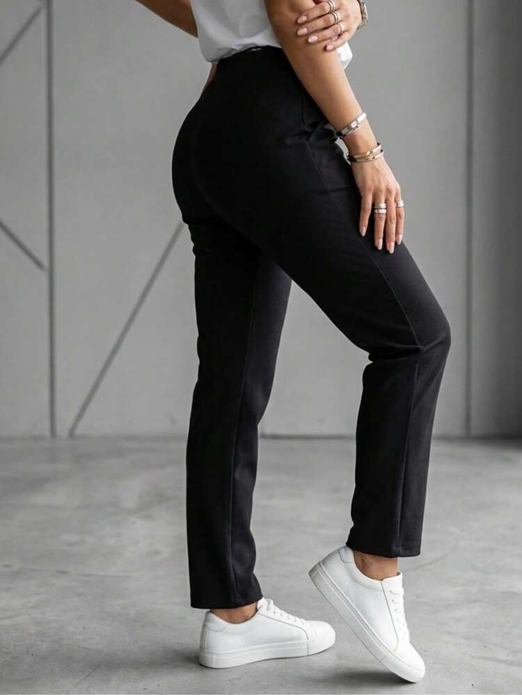Pantalón semientubado para mujer, clásico, casual y elegante, tela de algodón y poliéster, apto para cualquier temporada. Colores lisos sin estampados. Ajuste de cintura natural con resorte ligero, bolsillos funcionales. Fresco, ligero y cómodo. - Negro - Añade 2