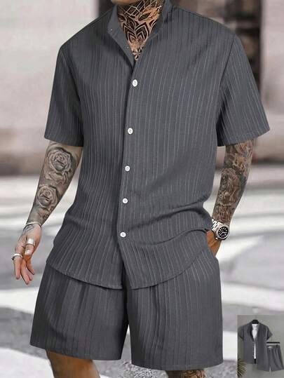 Surfspeed 夏季休闲短袖衬衫短裤套装，前扣设计