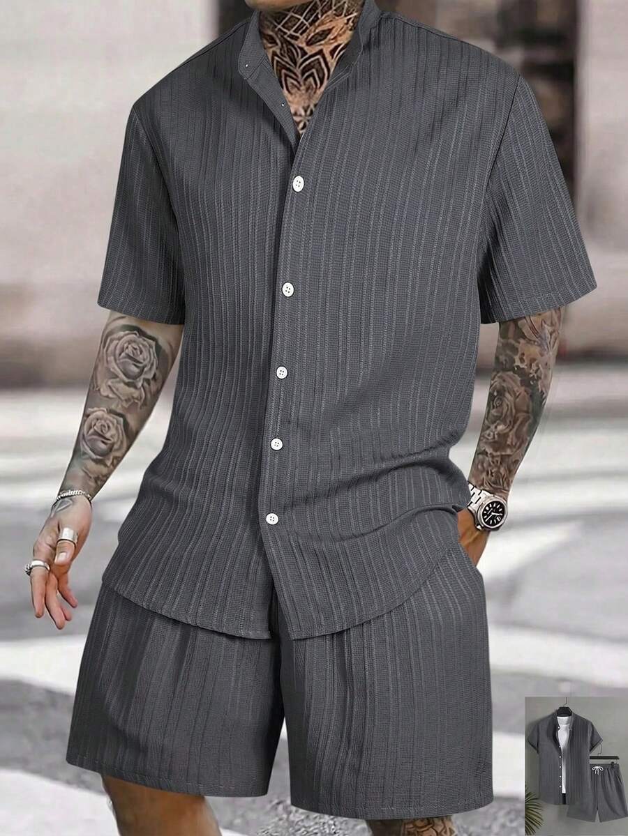 Surfspeed 夏季休闲短袖衬衫短裤套装，前扣设计 - 深灰色 - 查看 1