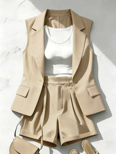 Franclia 女士卡其色无袖套装，采用修身腰线和翻领设计，搭配束口短裤，适合通勤、日常穿着和轻商务场合，时尚优雅。春季女装，通勤装，办公着装，休闲日常装，精致时尚套装