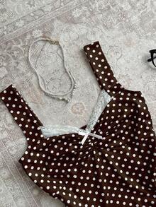 Attitoon Áo tank top nữ dáng ôm, cổ vuông, thắt nơ, họa tiết chấm bi nâu, phong cách retro Y2K đa năng, thích hợp cho lễ hội âm nhạc, trang phục mùa hè. - Nhiều màu - Xem 6