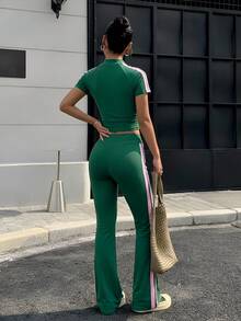 Muchica Women's Striped Raglan Sleeve Zip-Up Top And Flare Pants Casual 2 Pieces Set - Green - View 2
