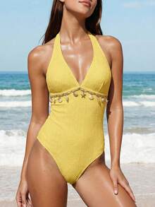 Bellisia 2026春夏女士沙滩连衣裙，连体式，优雅浪漫甜美花卉纹理面料，波西米亚风精致贝壳链装饰，可拆卸胸垫，蝴蝶结肩带，挂脖式连体泳衣，多种颜色可选，浅粉色，甜美可爱，清新优雅，浪漫度假，2026春夏新款，新年，情人节，返校季，旅行季，适合度假、海滩、下午茶野餐、派对、日常穿着、休闲、户外运动，时尚百搭 - 淡黃色 - 查看 6