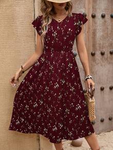 EMERY ROSE Đầm dài tay ngắn in hoa phong cách Bohemian cho nữ, cổ chữ V, thắt eo, màu đỏ tía, trang phục dài cho kỳ nghỉ hè - Màu Đỏ Sâu - Xem 3