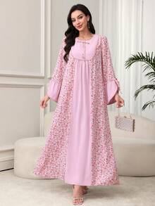 Al Najma Arabic Style Floral Print   Lace-Trimmed Dress With Round Neck, Bowknot, Flared Sleeves And Skirt, Spring/, Modest - Multicolor - View 7