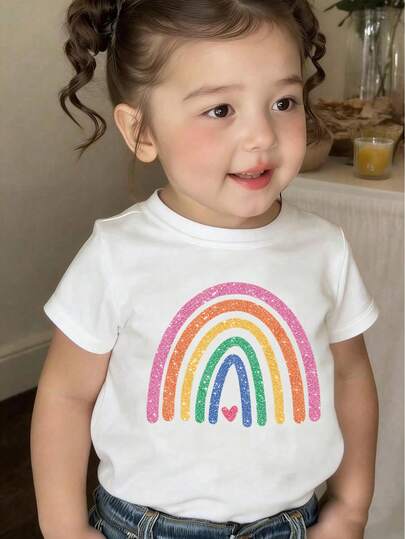 Camiseta básica blanca de manga corta para niñas bebé, con estampado de arcoíris minimalista, elegante y casual, ideal para uso diario y cómodo