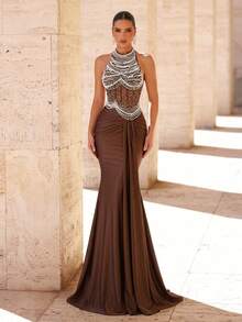 Glamrae Váy bơi đuôi cá sang trọng, đính sequin thêu họa tiết, co giãn, thích hợp cho đám cưới, tiệc tùng, kỳ nghỉ, tiệc chiêu đãi, dạ hội (chất liệu bền chắc) - Cà phê nâu - Xem 2