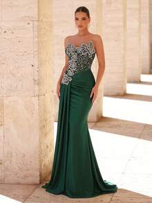 Glamrae Elegant Luxurious Beaded Bubble Floral Bandeau Patchwork Elastic Knit Swimsuit,Suitable For Weddings,Singles Parties,Vacations,Balls,Formal Gowns - Green - View 6