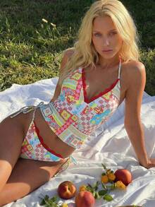 Swim Mod 4-Piece Beachside Vacation Lace Trim Spaghetti Strap Top + Lace Trim Low Waist Tie Side Bikini Bottom Set - Multicolor - View 1