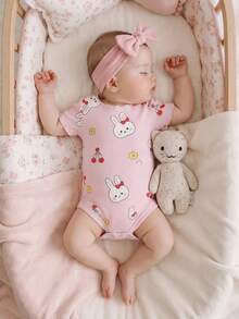 4件套新生女宝宝夏季可爱针织卡通兔子和碎花连体衣套装 - 彩色 - 查看 5