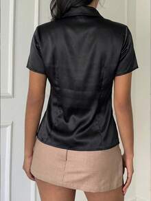 Aloruh Áo sơ mi satin cài cúc kiểu Trung Quốc mới, thanh lịch, thường ngày dành cho nữ. - màu đen - Xem 3