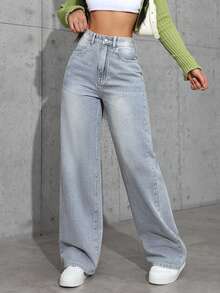 SHEIN Tall 女士休闲高腰洗水直筒口袋牛仔裤 - 淺色水洗藍 - 查看 1