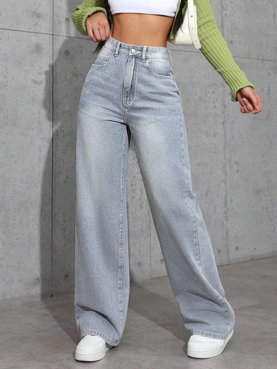 SHEIN Tall 女士休闲高腰洗水直筒口袋牛仔裤 - 淺色水洗藍 - 查看 1