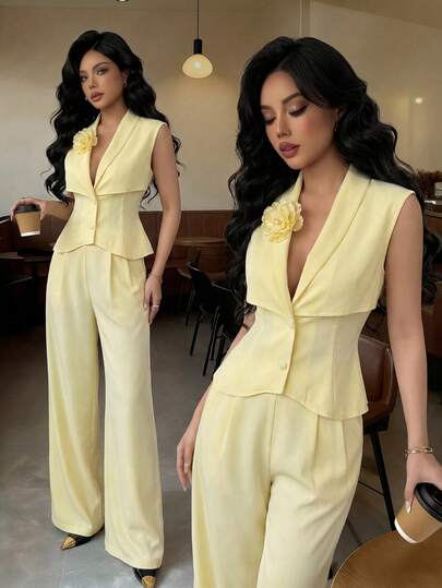 Modelyn Conjunto de 2 piezas de traje de mujer de moda con flores 3D amarillas para el transporte