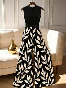 GlowEve CURVE 大码女式树叶印花圆领休闲连体裤 - 黑色 - 查看 2