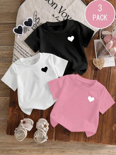 Baby Girl Casual Minimalist Short Sleeve Round Neck T-Shirt, White, Black, Pink, Heart Graphic, Versatile All-Match Tee, Suitable For Outdoor & Summer