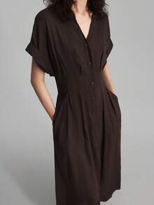 Ontre 2026SS New Summer Women's Solid Coffee V-Neck Bat Sleeve Pleated Single-Breasted Casual Long Dress, Spring/Summer Elegant Ladies Dress, Graduation Dress, Vacation Beach Music Festival Formal Dress - Coffee Brown - View 4