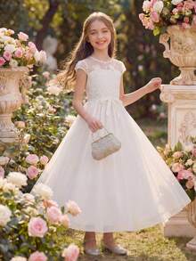 Pitira 少女白色纯色网纱刺绣透视拼接腰部连衣裙，白色公主裙，适合花童、婚礼季、情人节、派对、生日、春节等场合 - 白色 - 查看 5