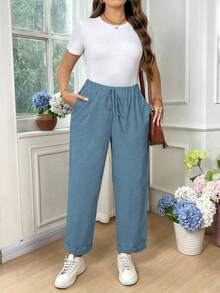 EMERY ROSE Plus Size Women Cotton Fold-Over Waist Tie Casual Pants Fall - Dark Wash - View 6