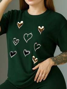 Conjunto de Dos Piezas Mujer Estilo Deportivo Moderno, Outfit Cómodo y Versátil Con Estampado De Corazon - Verde - Ver 3