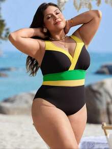Slaydiva Traje de baño de una pieza para mujer talla grande con estampado de leopardo aleatorio y contraste de malla sexy - Negro - Ver 3
