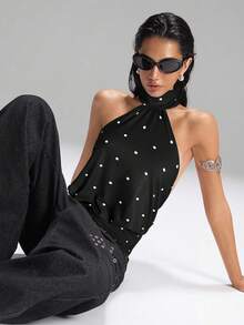 LYSMO Áo hai dây lửng nữ màu đen chấm bi, kiểu dáng thường ngày, thiết kế hở lưng. - màu đen - Xem 6