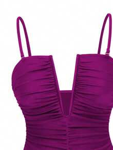 Swim Oasis 2pcs/Set Sexy Solid Color V-Neck Ruched Spaghetti Strap Bandeau One-Piece Swimsuit & Front Twist Slit Beach Dress Set - Purple - View 3
