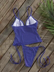 Swim Vcay Bộ đồ bơi tankini gợi cảm cổ yếm viền ren chấm bi dành cho nữ, thích hợp cho kỳ nghỉ hè. - Màu xanh lam - Xem 4