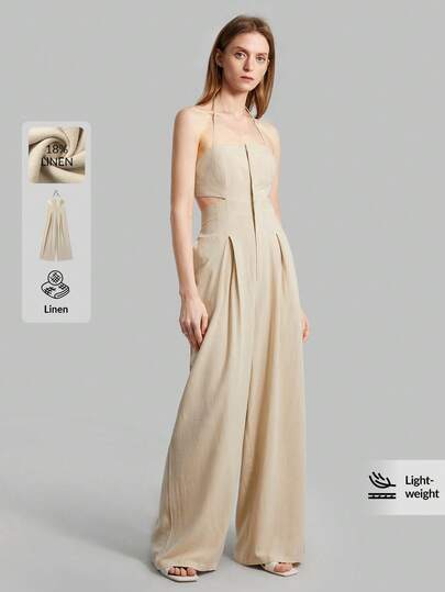 Ontre Bộ jumpsuit kaki vintage nữ mùa xuân/hè 2026, jumpsuit hở lưng buộc dây có túi, trang phục xuân/hè nữ, phù hợp cho kỳ nghỉ, công sở, trường học, thường ngày, dự đám cưới, thiết kế eo rộng, jumpsuit thời trang đa năng dành cho nữ.