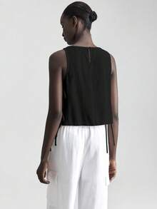 Ontre 2026春夏斯德哥尔摩风格，女士教师套装，女士休闲宽松音乐节套装，度假风，亚麻材质，侧边蝴蝶结装饰，黑色圆领无袖上衣，女士衬衫，商务休闲日常穿着 - 黑色 - 查看 5