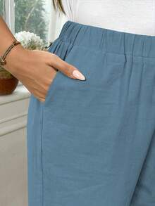 EMERY ROSE Plus Size Women Cotton Fold-Over Waist Tie Casual Pants Fall - Dark Wash - View 8