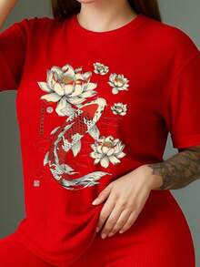 Conjunto deportivo rib acanalado de blusa manga corta y biker ajustado para mujer con estampado de pez - Rojo - Ver 3