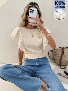 Serisse Women's Cotton Eyelet Ruffle Sleeve Open Back Tie Blouse – Casual Summer Backless Top Women's Apricot V-Neck Ruffle Trim Backless Blouse,Summer,Spring, Party,Beach,Wedding ,Graduation,Elegant,Casual,Vacation,Formal,Business, - Apricot - View 3