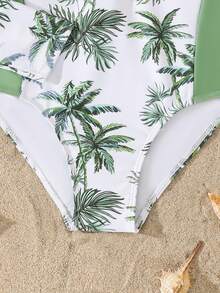 SHEIN Bộ đồ bơi liền thân cho bé gái tuổi teen, in hình cây dừa xanh, thích hợp cho bơi lội, mùa hè và kỳ nghỉ biển. - màu xanh lá - Xem 5