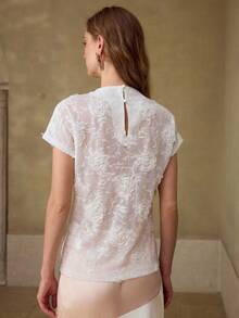 MOTF PREMIUM 优雅精致时尚玫瑰刺绣短袖立领女式上衣T恤 - 白色 - 查看 3