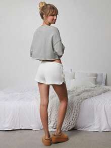 WESTFADE Quần short dệt kim kiểu dáng dễ thương, cạp trung bình, buộc dây phía trước. - trắng - Xem 2