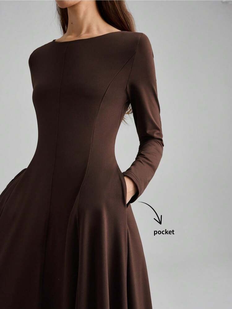 2026 Spring/Summer Women's Long Dress, Minimalist Elegant Urban Chic, Versatile Commuter Solid Color Waist Cinched Long Sleeve Maxi Dress, A-Line, Split Design, Off-Shoulder, Party, Vacation