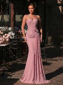 Glamrae 优雅莲花粉色新颖无肩带浪漫蕾丝拼接不对称罩杯透视前片鱼骨鱼尾开衩腰部浪漫3D立体花卉层叠连衣裙，适合约会、度假、单身派对、返校、婚礼、女士晚礼服等场合。 - 藕粉色 - 查看 7