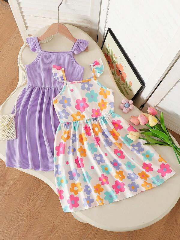 SHEIN 2pcs/Set Young Girls Floral Print Sleeveless A-Line Elastic Waist Dress, Suitable For Casual, Beach, Holiday Wear, Summer