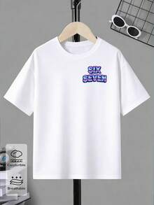Camiseta de manga corta con estampado gráfico de rayo, estrella y letra para niños preadolescentes, estilo casual y creativo con degradado de píxeles cibernéticos, cómoda para usar a diario en primavera, verano y otoño - Blanco - Ver 2