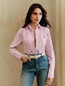 Anewsta Elegant Embroidered Design Pink Striped Casual Blouse For Women, Versatile Floral Work, Suitable For Spring To Summer - Pink - View 6