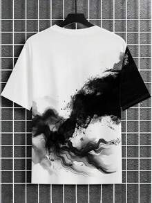 Manfinity LEGND 男士宽松黑白撞色短袖T恤，复古街头风水墨老鹰印花，适合夏季度假/音乐节穿着 - 彩色 - 查看 3