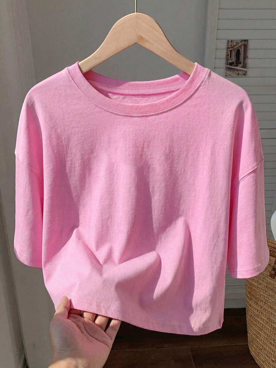 SHEIN EZwear 女士粉色短袖休闲圆领T恤夏季 - 粉色 - 查看 1