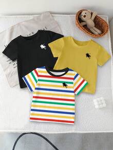 3 áo thun cổ tròn in hình sọc và hiệp sĩ cho bé trai, phong cách thể thao năng động, thích hợp cho mùa xuân, hè, thu, trang phục cơ bản đơn giản mặc hàng ngày, thoải mái khi đi học hàng ngày. - màu đen - Xem 3