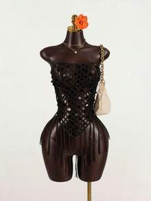 SaltGleam SaltGleam Women's Sequin Patchwork Casual Versatile Date Night Knit Top - Chocolate Brown - View 1