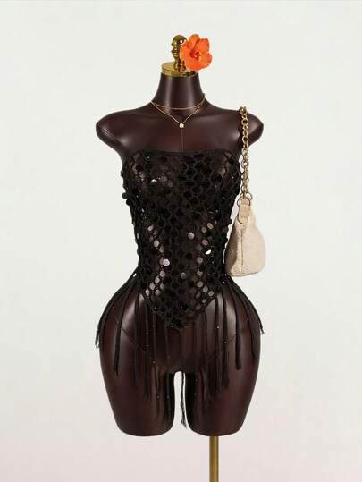 SaltGleam SaltGleam Women's Sequin Patchwork Casual Versatile Date Night Knit Top