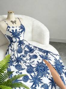 Elenzga Vestido casual sin mangas con abertura y estampado de paisley, adecuado para vacaciones - Multicolor - Ver 3